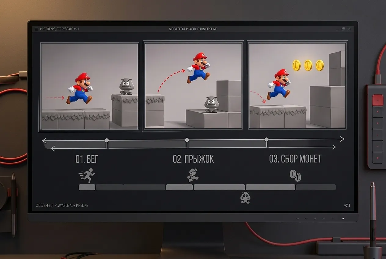 Illustrative storyboard concept: three platformer frames and a prototype timeline.