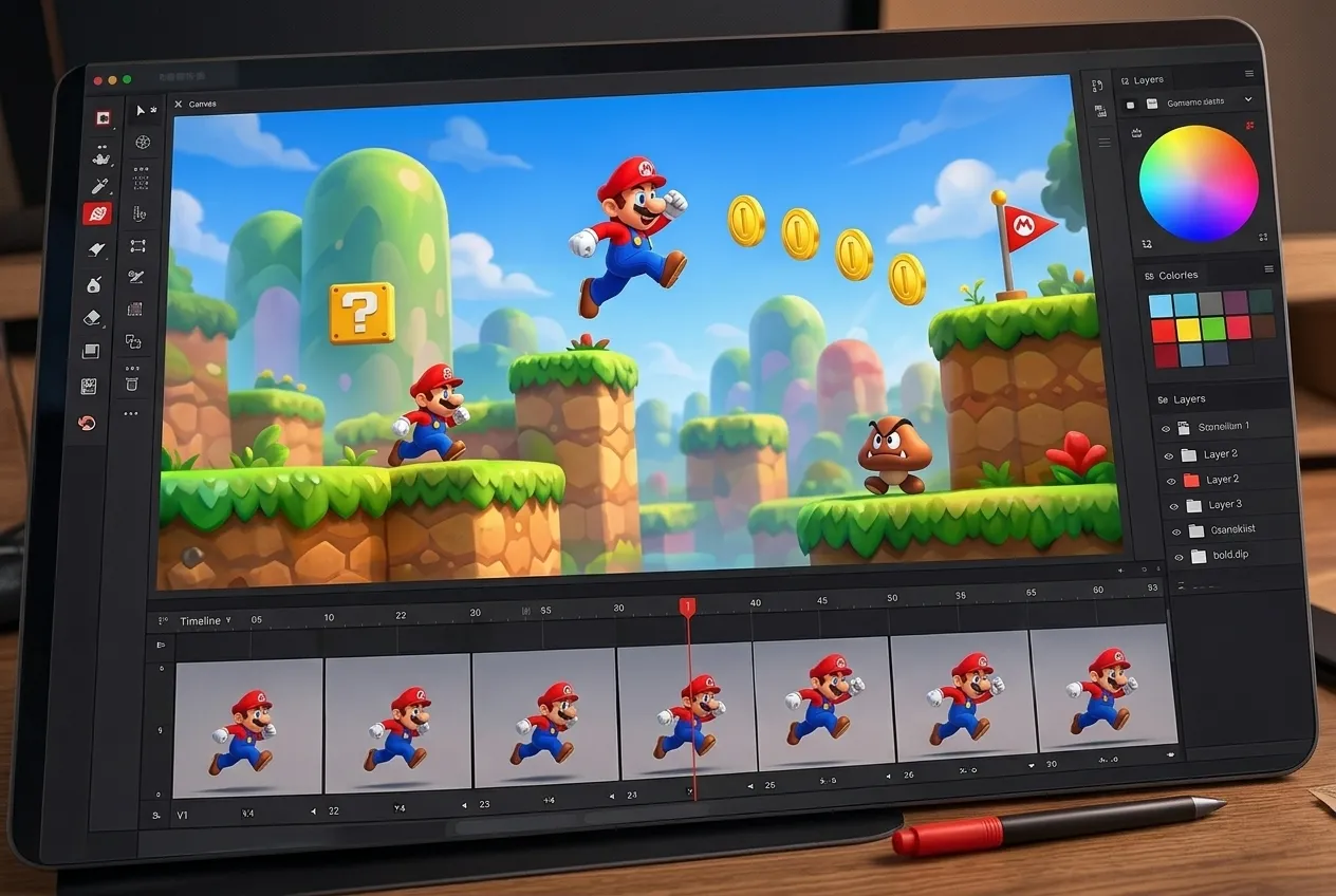 Illustrative design concept: platformer artwork and animation frames.
