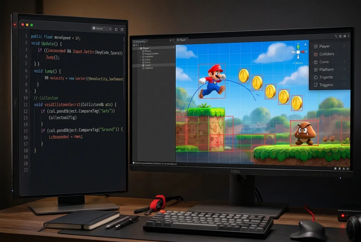 Illustrative HTML5 development concept with a code editor and platformer canvas.