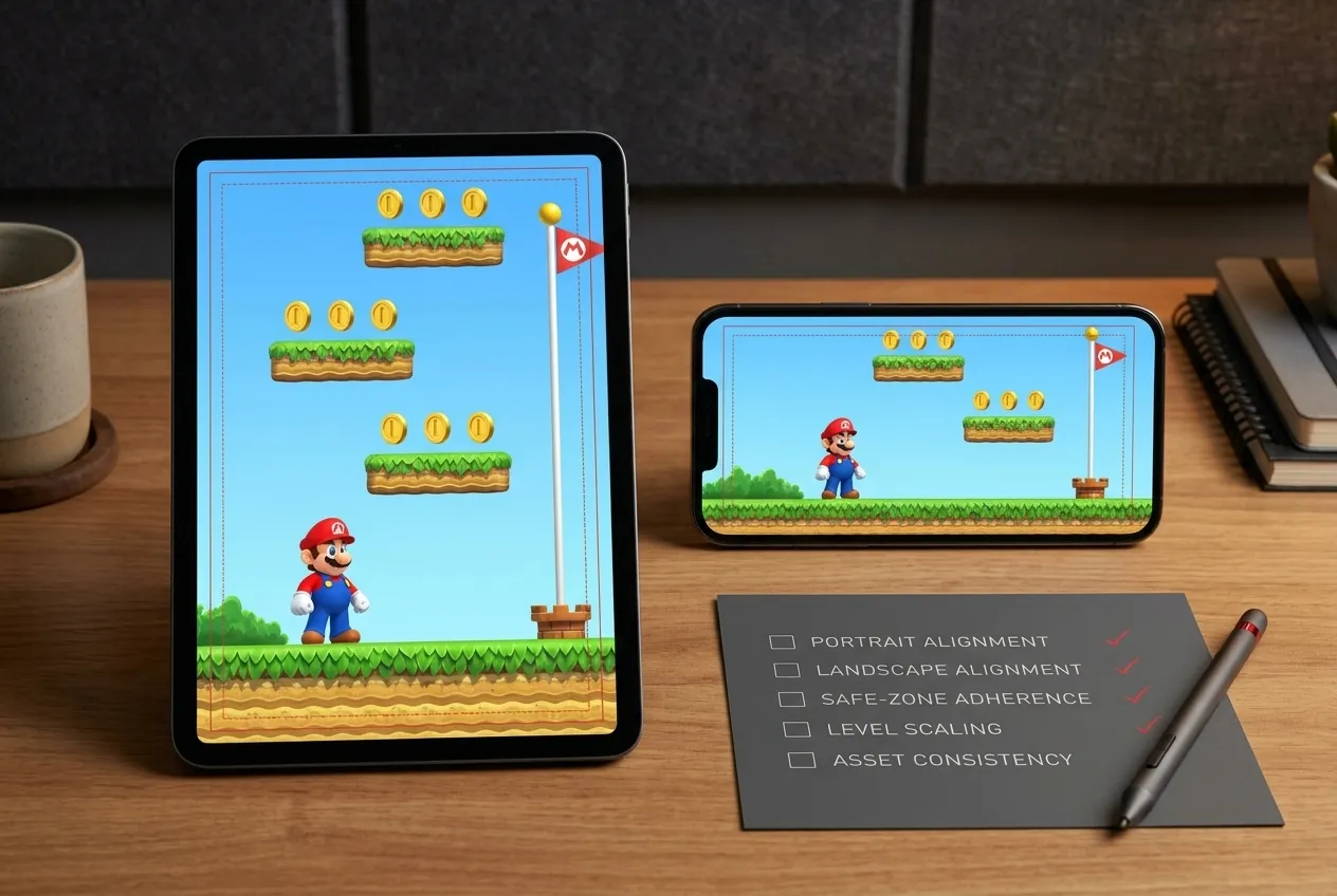 Illustrative QA concept: portrait and landscape device previews with a checklist.