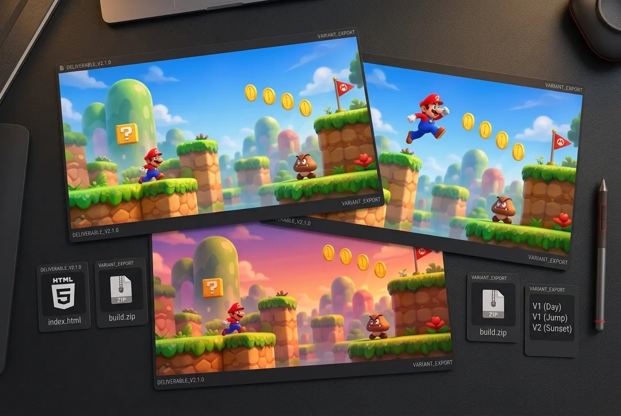 Illustrative delivery concept: export packages and platformer creative variations.