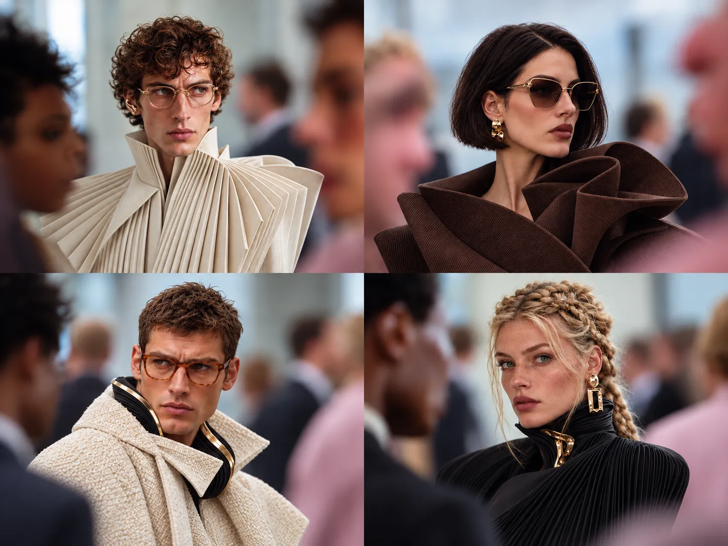 Four editorial portraits in a two-by-two grid: two men and two women wearing distinctive clothing and accessories.