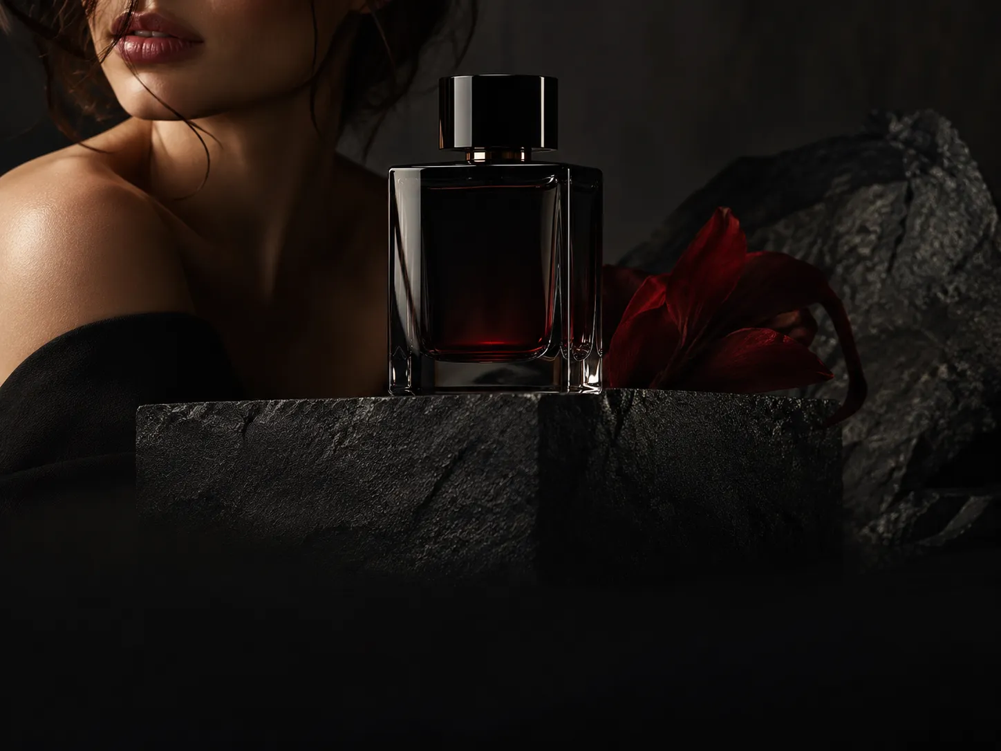 A dark perfume bottle on a textured stone pedestal beside a woman