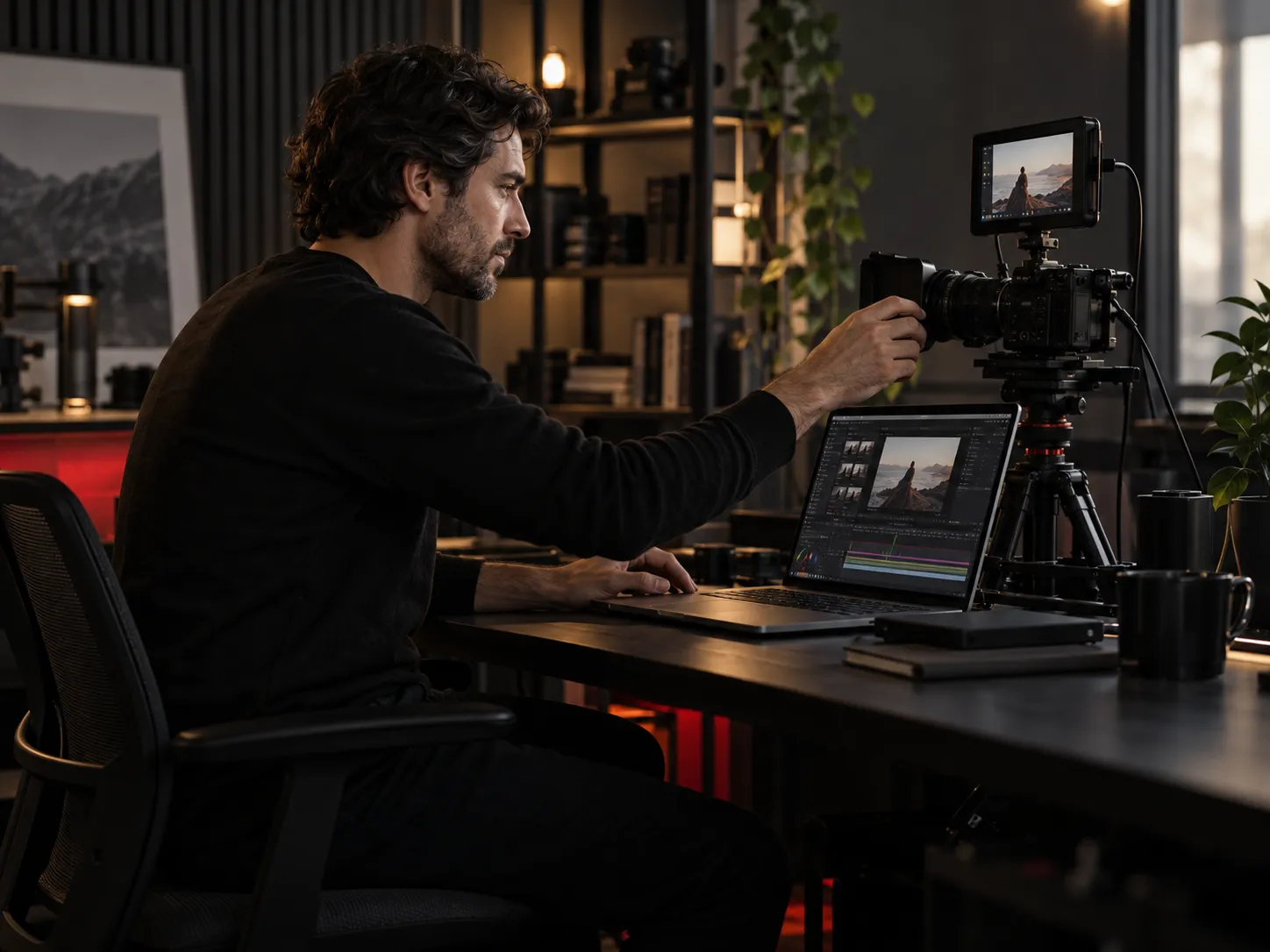 A man adjusting a camera beside a laptop in a content studio