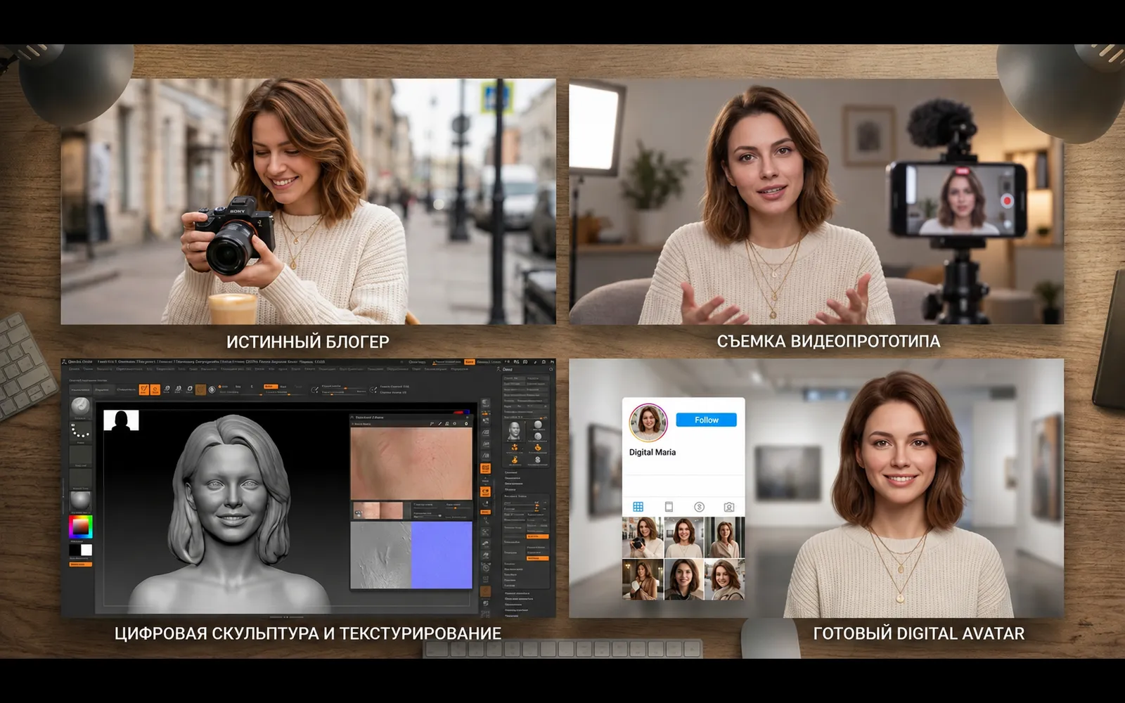 Four stages of creating a digital avatar: the original blogger, video prototype recording, digital sculpting and texturing, and the finished avatar.