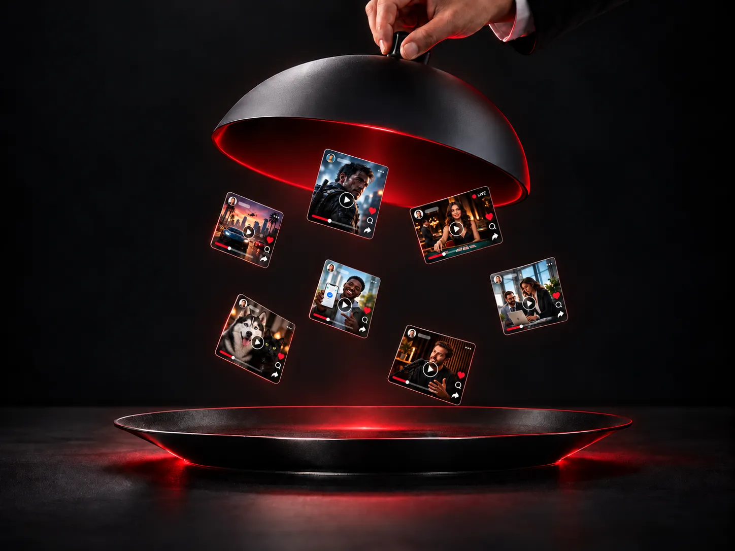 A hand lifts a matte-black cloche above a red-lit tray, revealing seven floating social-media creative cards, including a husky and a black cat.
