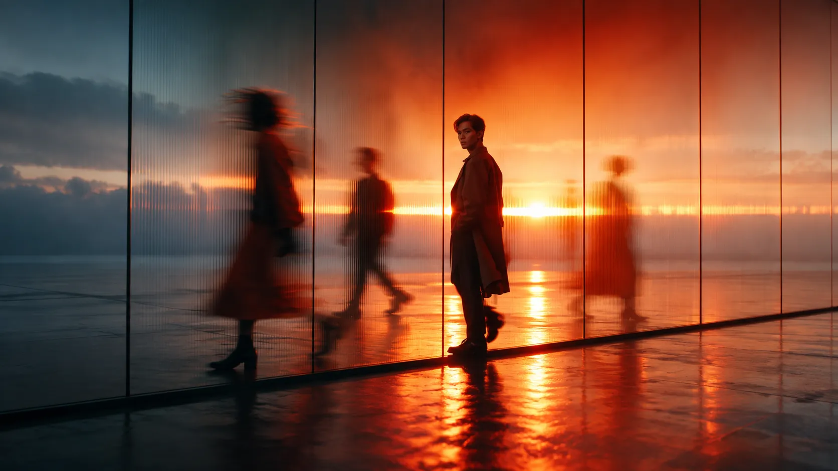 A person among blurred figures behind glass in warm sunset light.