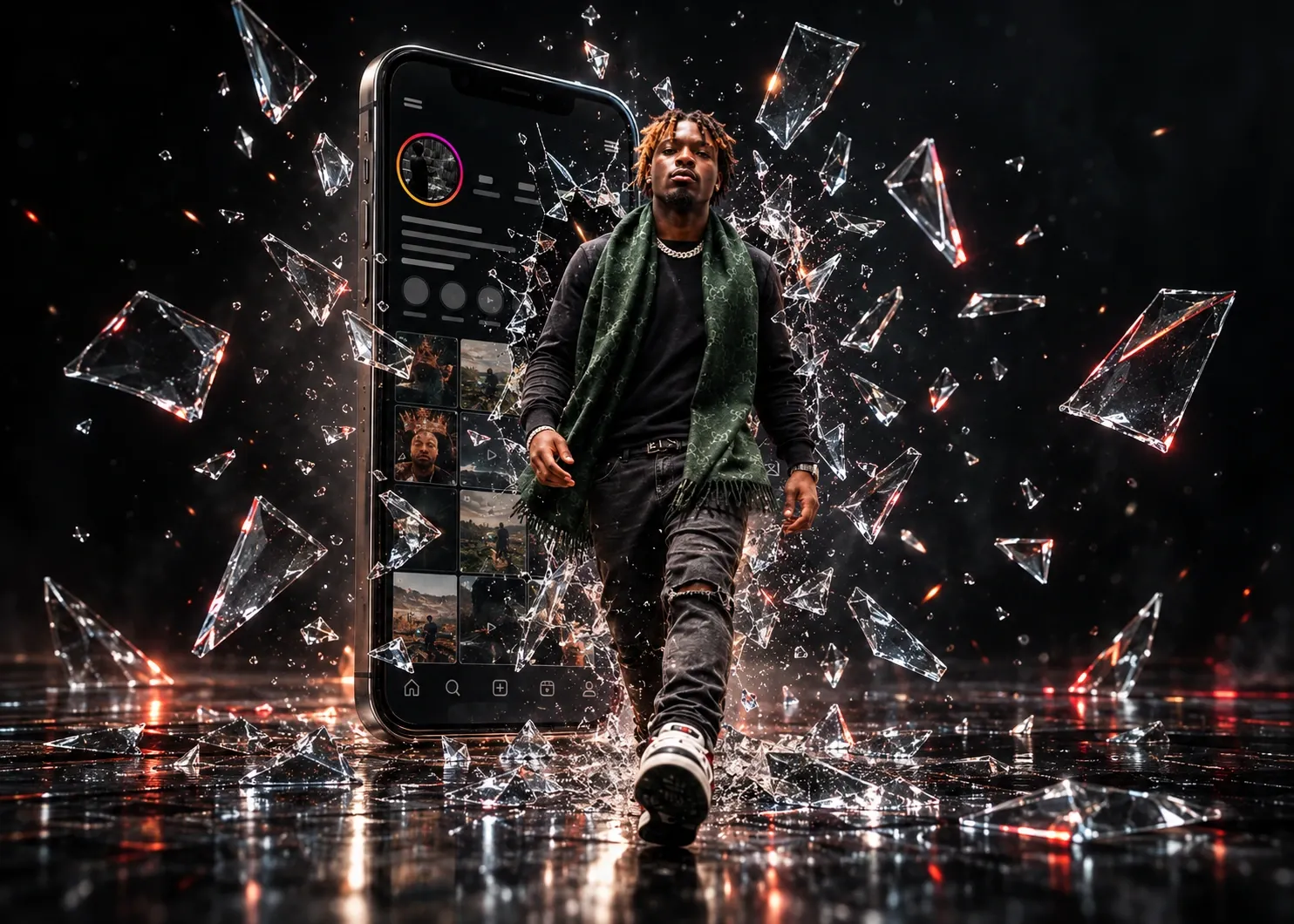A creator stepping forward beside an oversized social media phone amid shattered glass, expressing an independent creative voice.