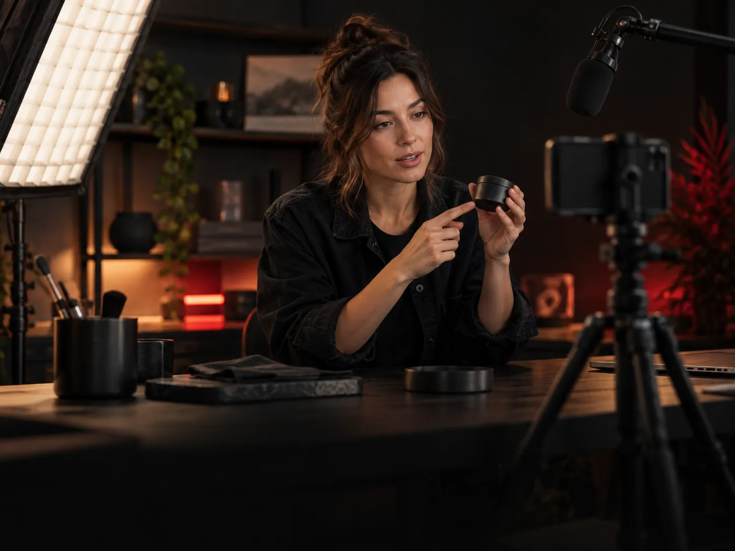 A woman demonstrating a cosmetic product to a camera under studio lighting