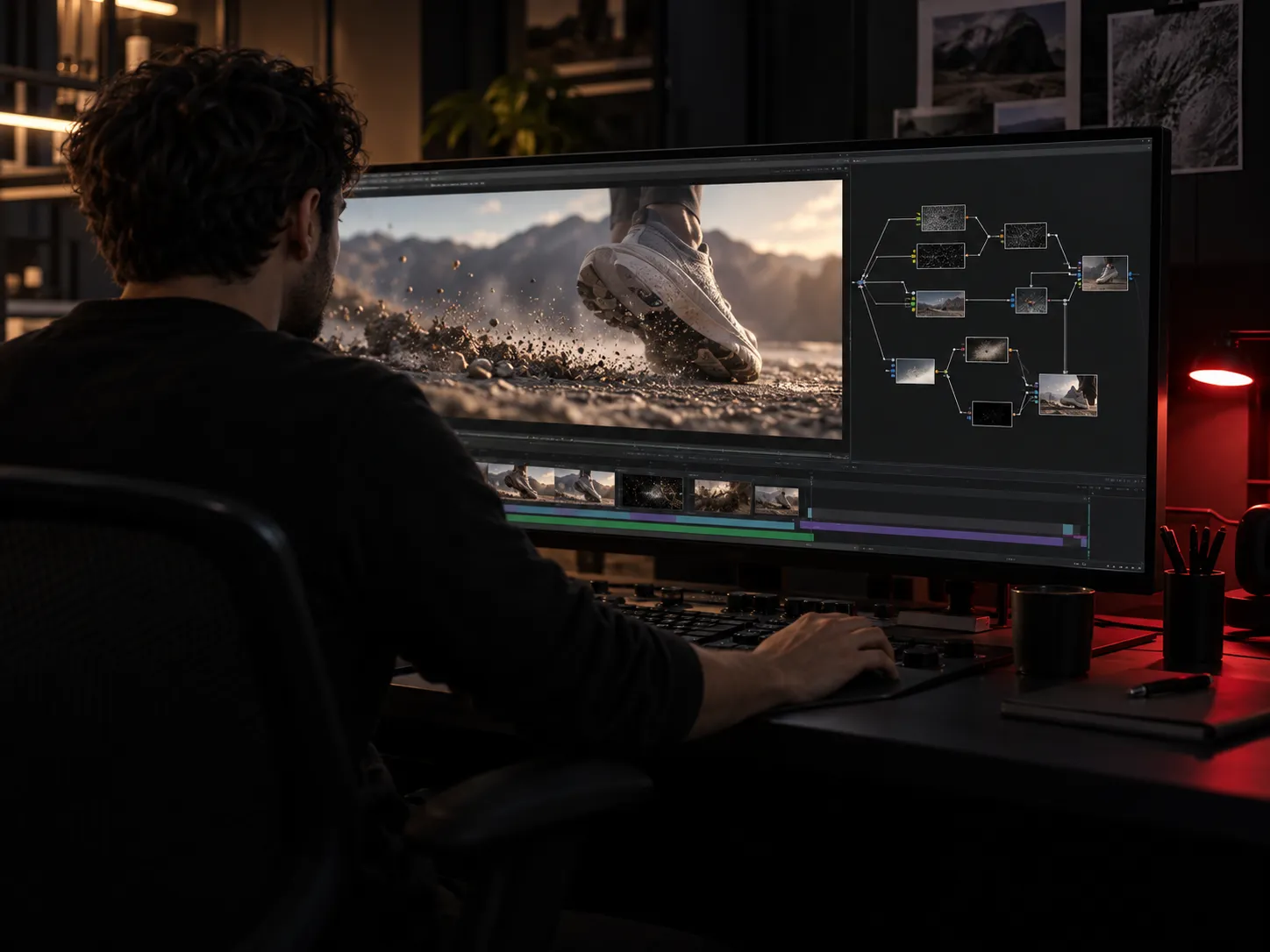 An artist working on a mountain landscape and a 3D scene on studio monitors