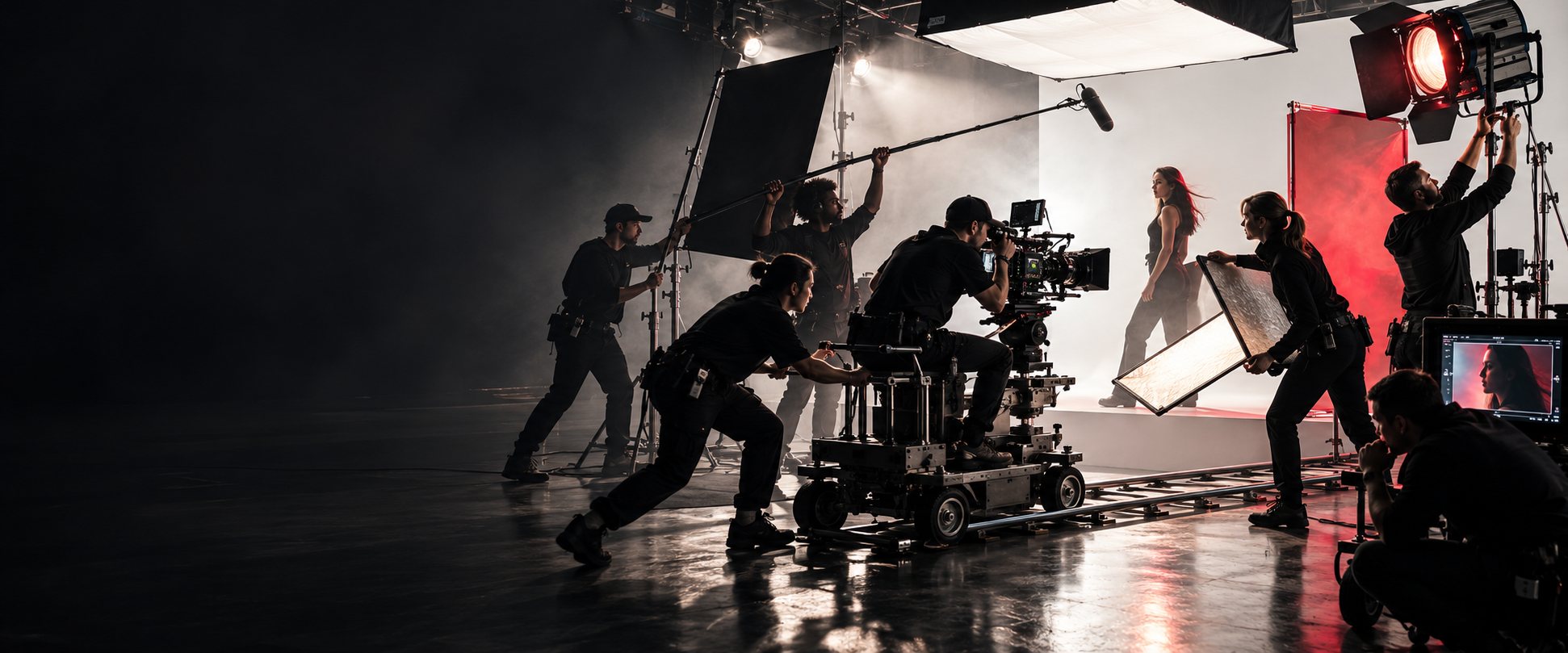 A film crew working with a camera, lighting and sound on set.