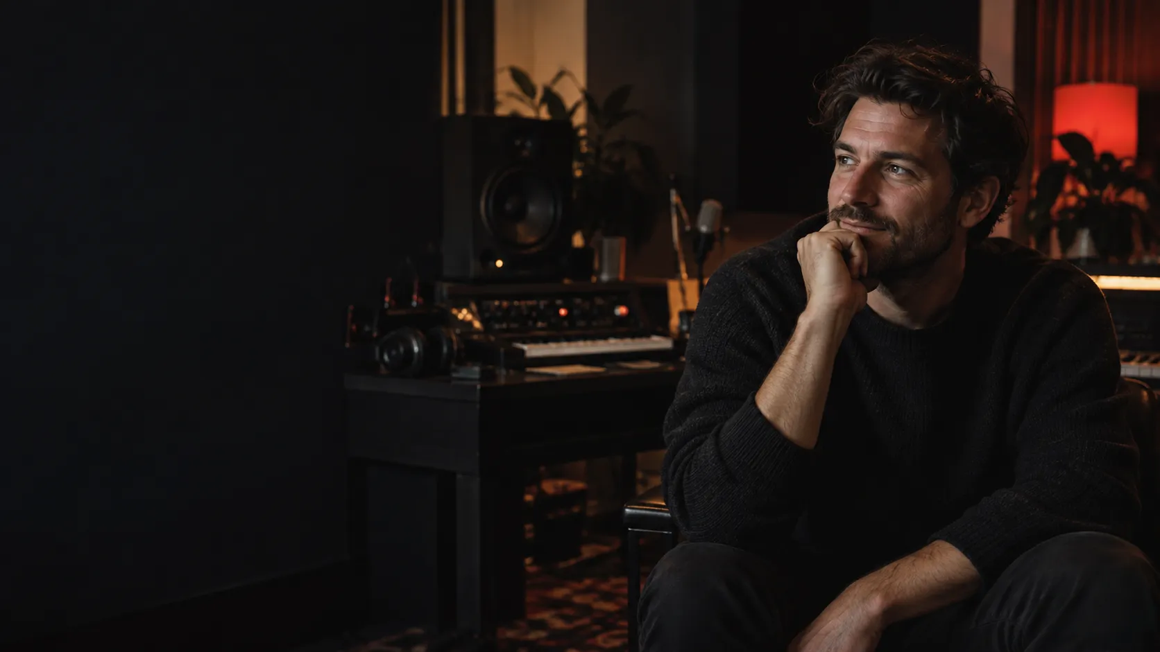 A seated man in a dim studio with open dark space to his left