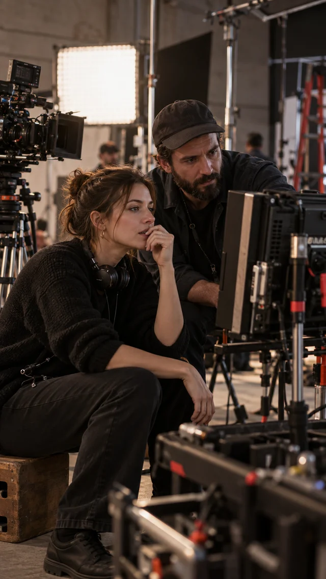 Production team reviewing footage at a monitor during a shoot