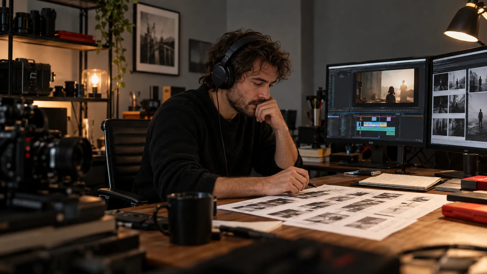A man reviewing printed storyboards beside editing monitors in a studio