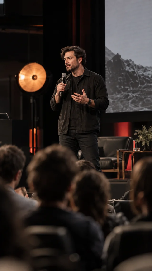 Industry conference with a microphone speaker and seated attendees