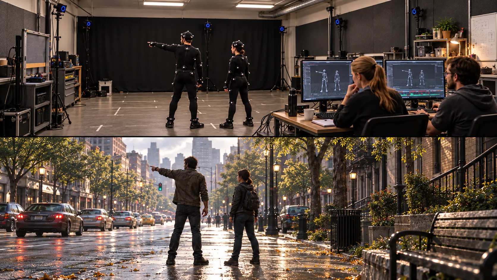 Two motion-capture performers in a small studio above the corresponding game cinematic with two characters on a city street.