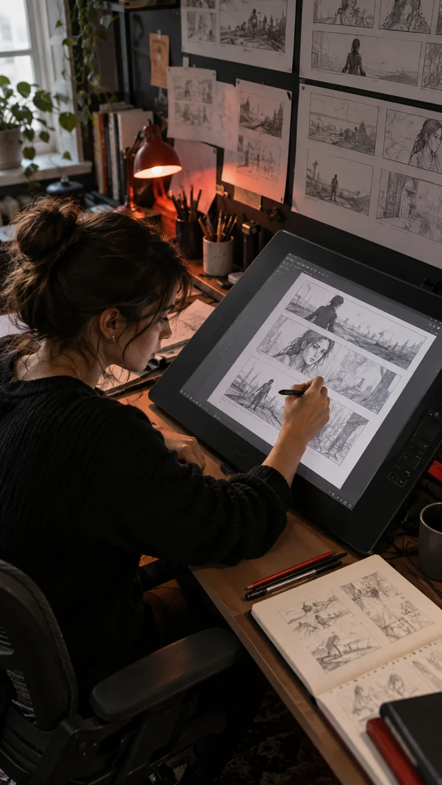 Artist drawing storyboards on a tablet surrounded by sketches