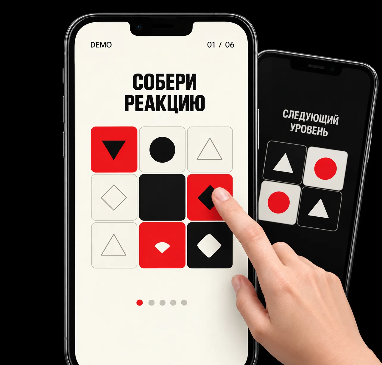 Two smartphones show geometric puzzles with red, black and light tiles as a hand interacts with the front screen.