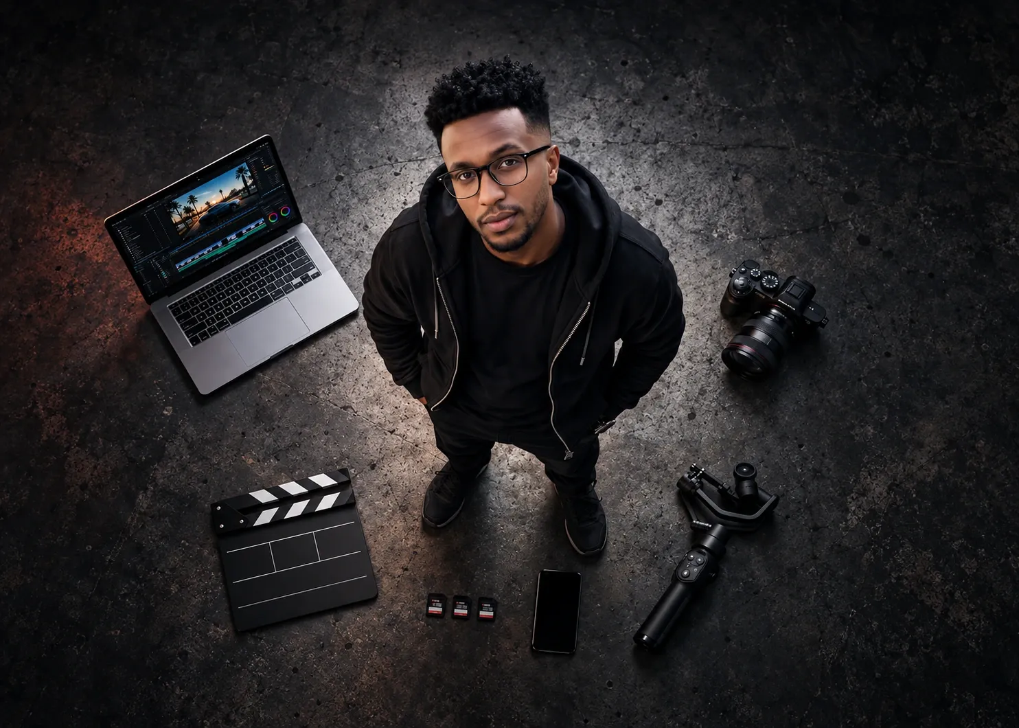 A creator surrounded by a camera, editing laptop, clapperboard, phone and stabilizer for producing content in multiple formats.