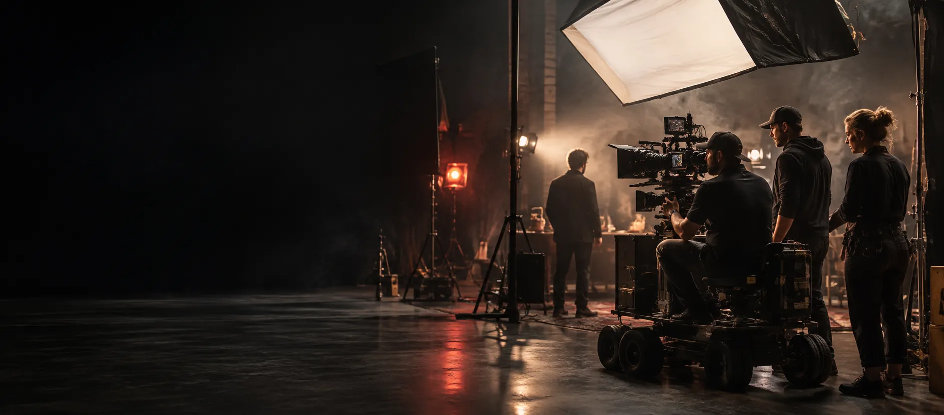 A camera crew beneath a large softbox on a dark filming stage
