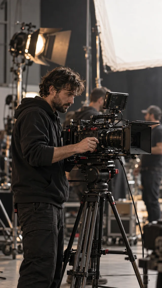 Cinema camera operator on a working set with practical lights and crew