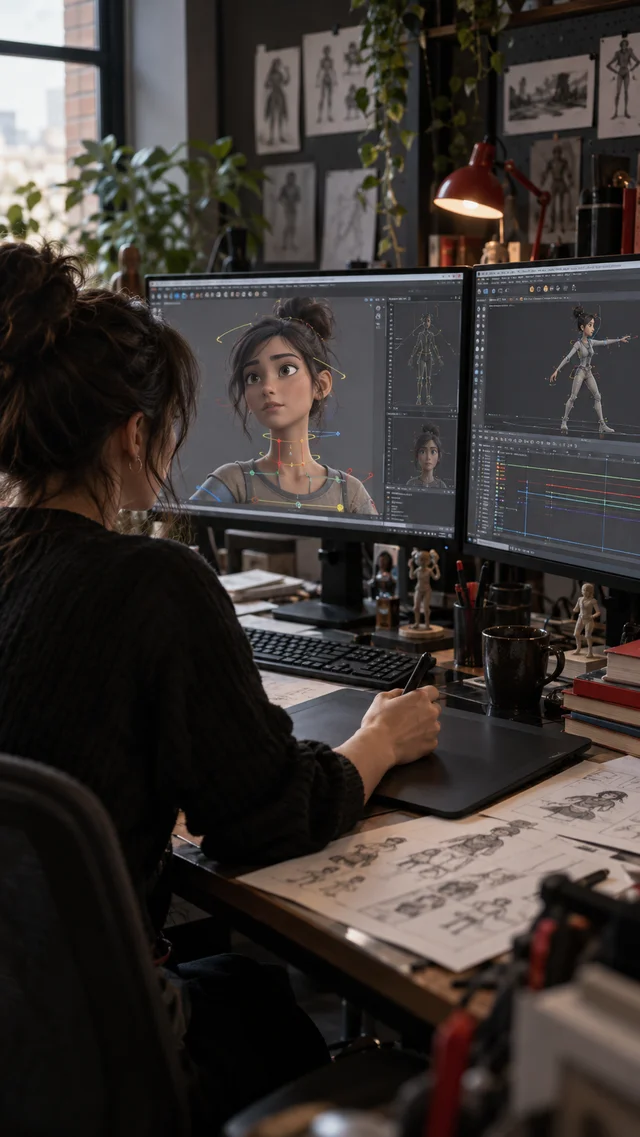 Animator workstation with a character rig and animation timeline