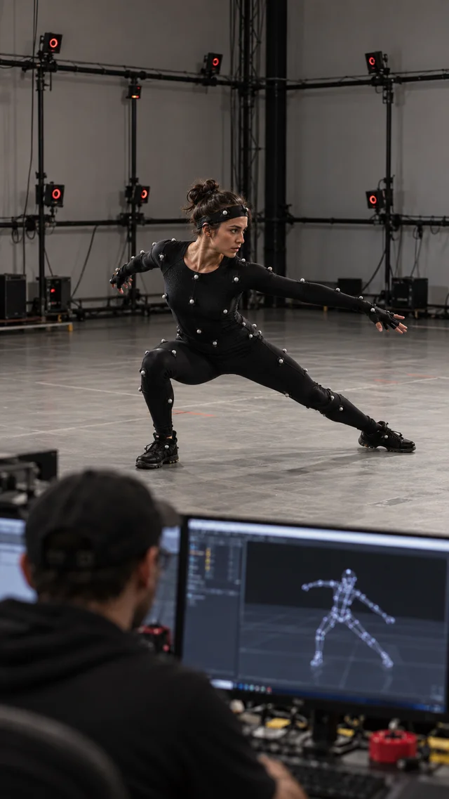 Motion capture performer in a tracking suit, cameras and technicians